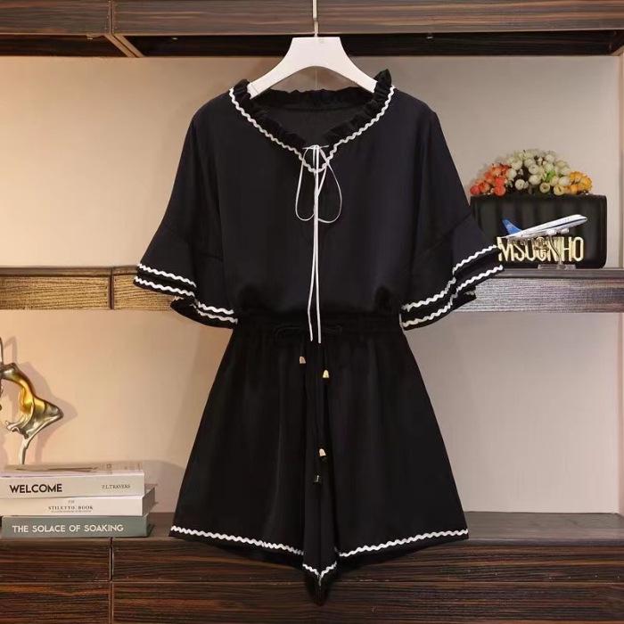 2024 Summer Women’s Korean Hong Kong Style Casual Lotus Sleeve Top & High Waist Wide Leg Shorts Set