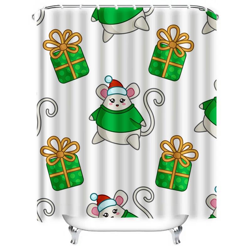 TU Cute Mouse Christmas Bathroom Decor Shower Curtain Festive Holiday Mice Pattern Waterproof Fabric Washable Home Decor Gift