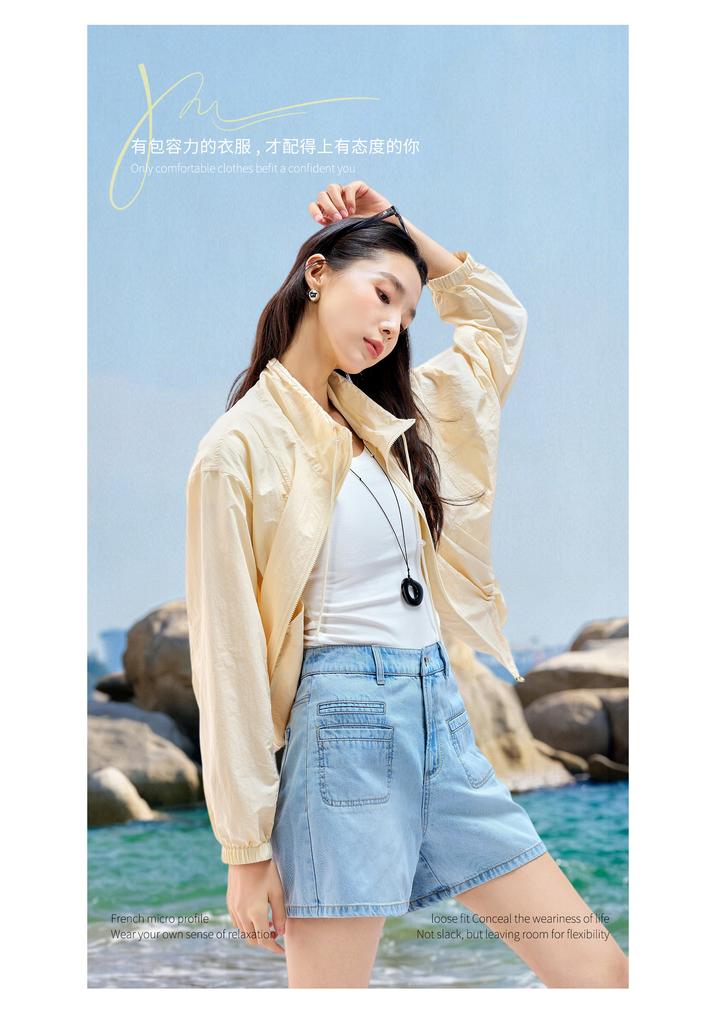 Cool and lightweight outdoor sunscreen jacket for women, versatile drawstring short jacket