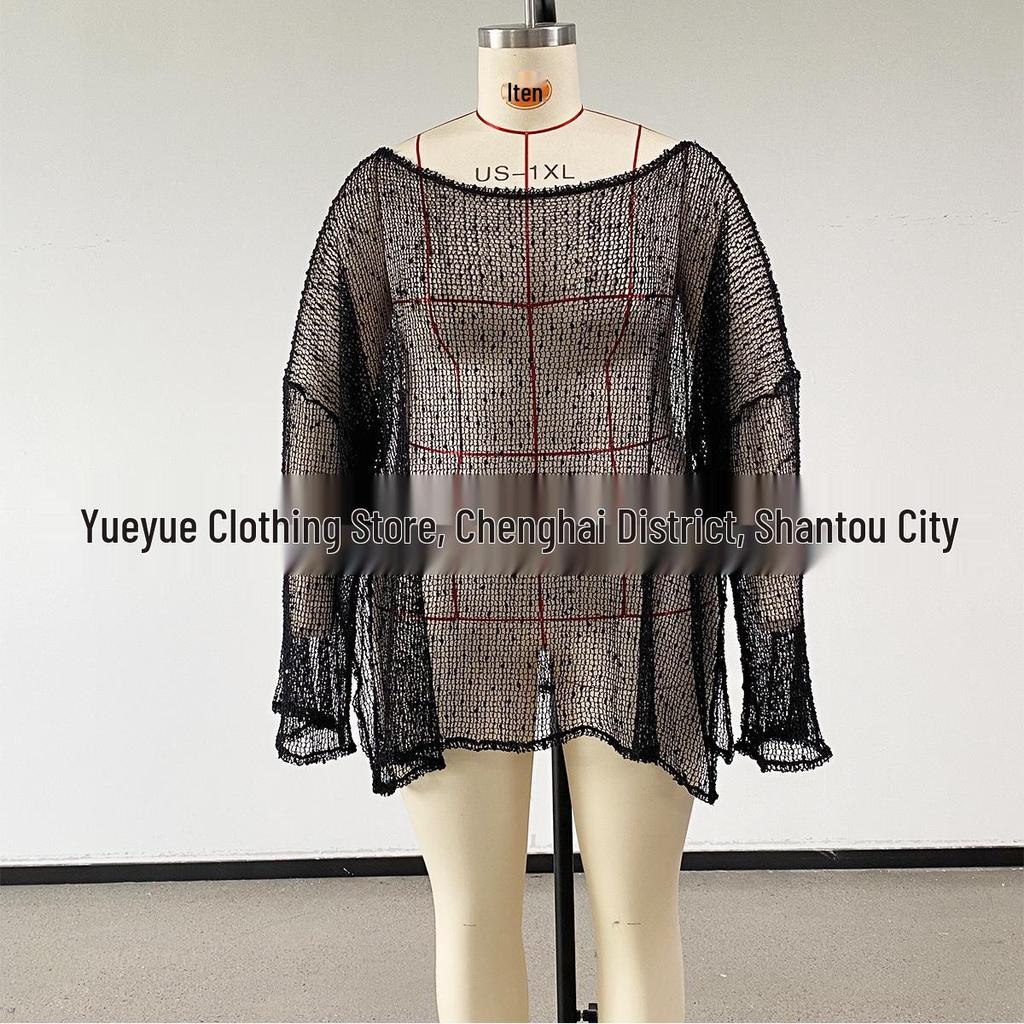 Plus Size See-Through Mesh Long Sleeve Beach Cover-Up with Side Slit