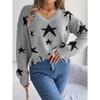 Autumn/Winter Casual V-Neck Star-Print Distressed Long-Sleeved Knitted Pullover for Women