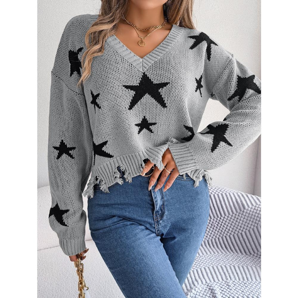 Autumn/Winter Casual V-Neck Star-Print Distressed Long-Sleeved Knitted Pullover for Women
