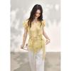 Mishow Women's Cream Yellow French Lace Tie-Waist Short Sleeve Blouse