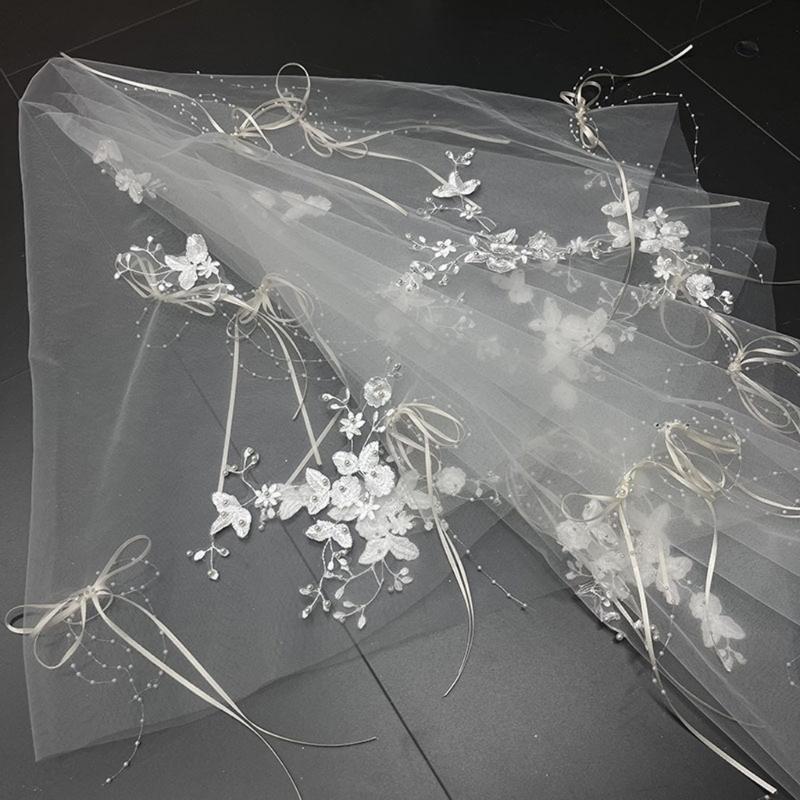 White Bridal Veils Pearls Studded Lightweight Tulle Long Train Hairpiece For Wedding Party Cosplay