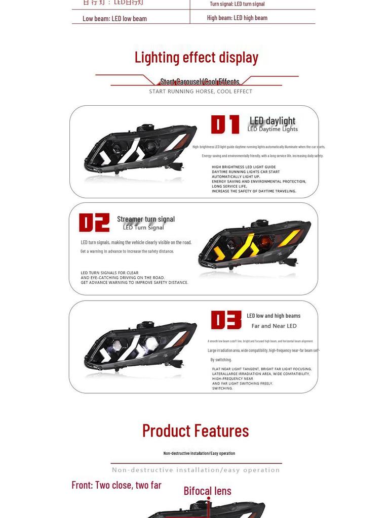 12-15 Gen 9 Civic Headlight Assembly with Lamborghini Style LED DRLs & Flowing Turn Signals
