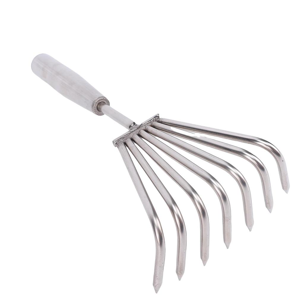 Stainless Steel Hand Rake Soil Tiller Small Beach Rake with Comfortable Handle 7 Sturdy Tines for Gardening Multi