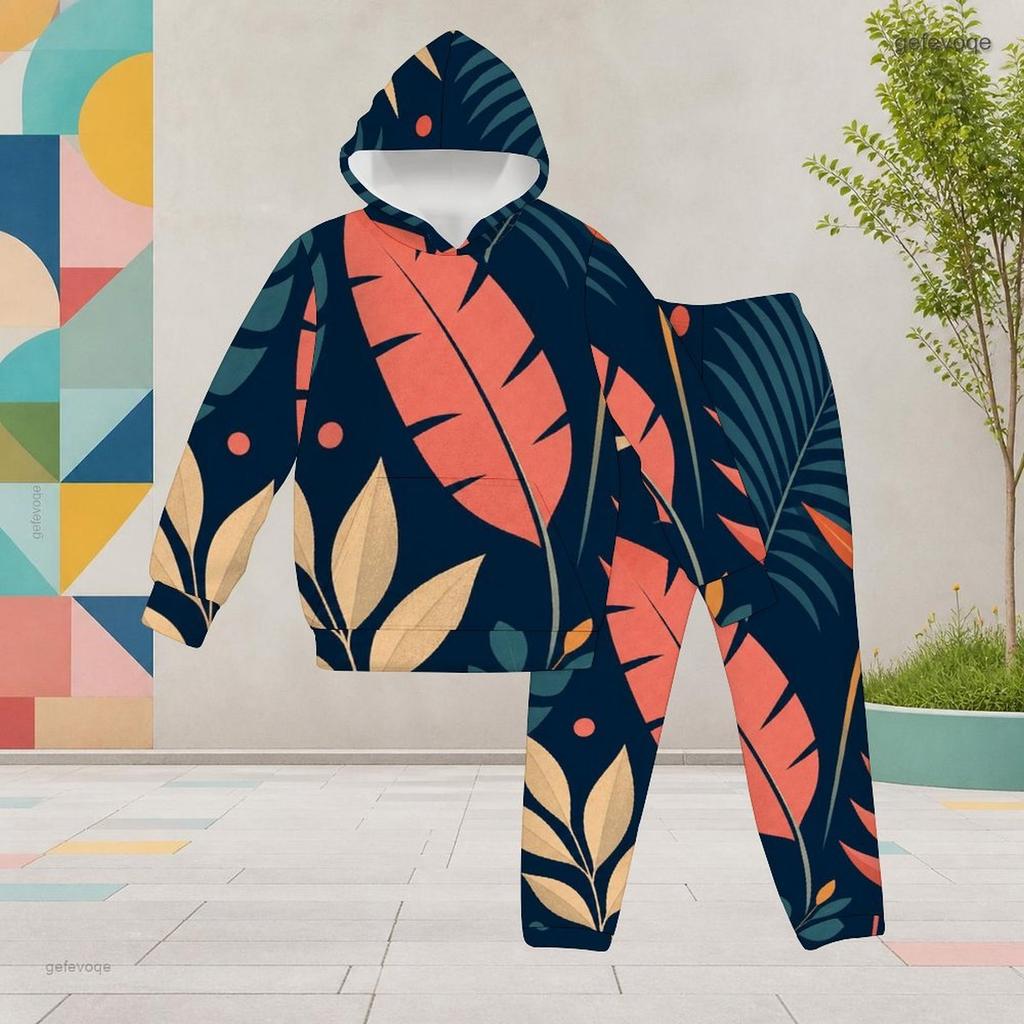 Girls Hooded Long Sleeve Fruit Leaf Printed Tracksuit Kangaroo Pocket Cuffed Pants Two Piece Set