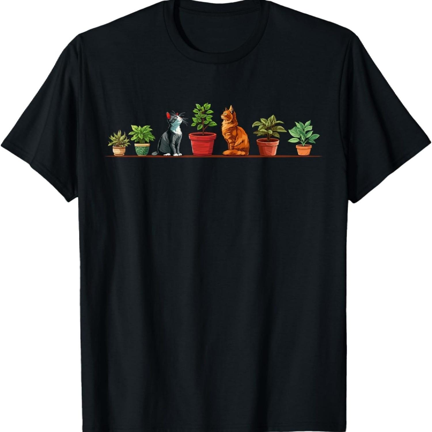 Cat Shirts For Women Cat Mom Gardening Cute Cats And Plants T-Shirt, Small, Black S чёрный