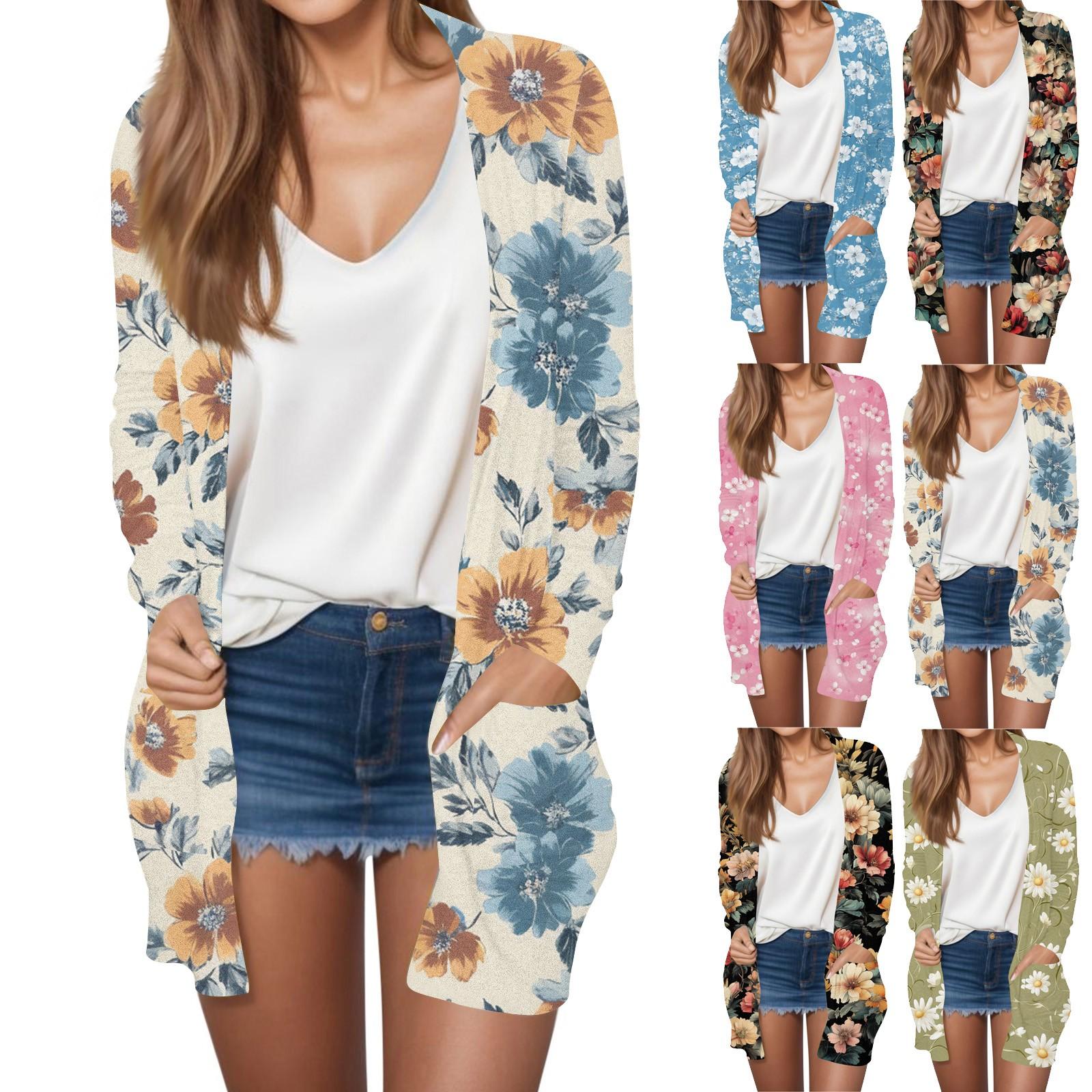 

Women s Fashion Casual Retro Floral Print Mid-Length Cardigan Jacket XL небо синє кольору