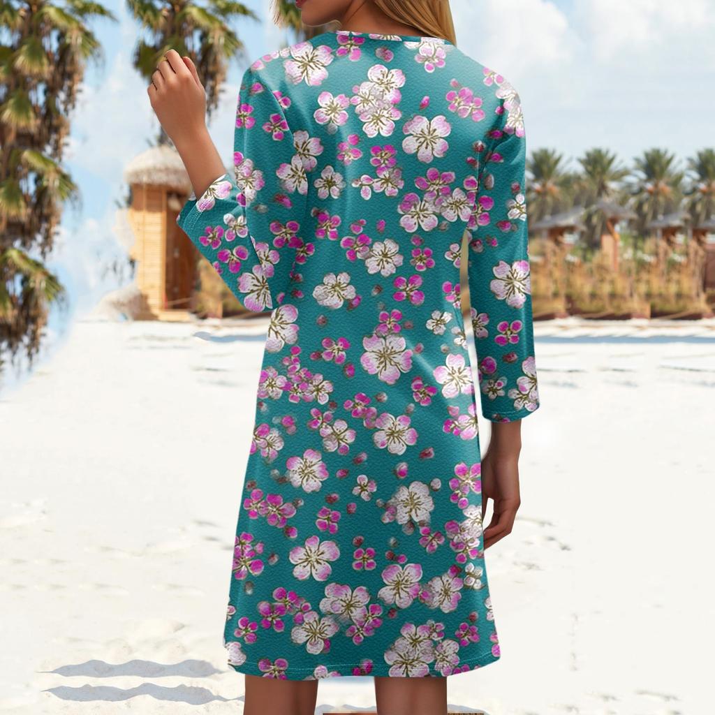 Women's Fashionable V-Neck Button Seven Part Cuff Pocket Floral Dress
