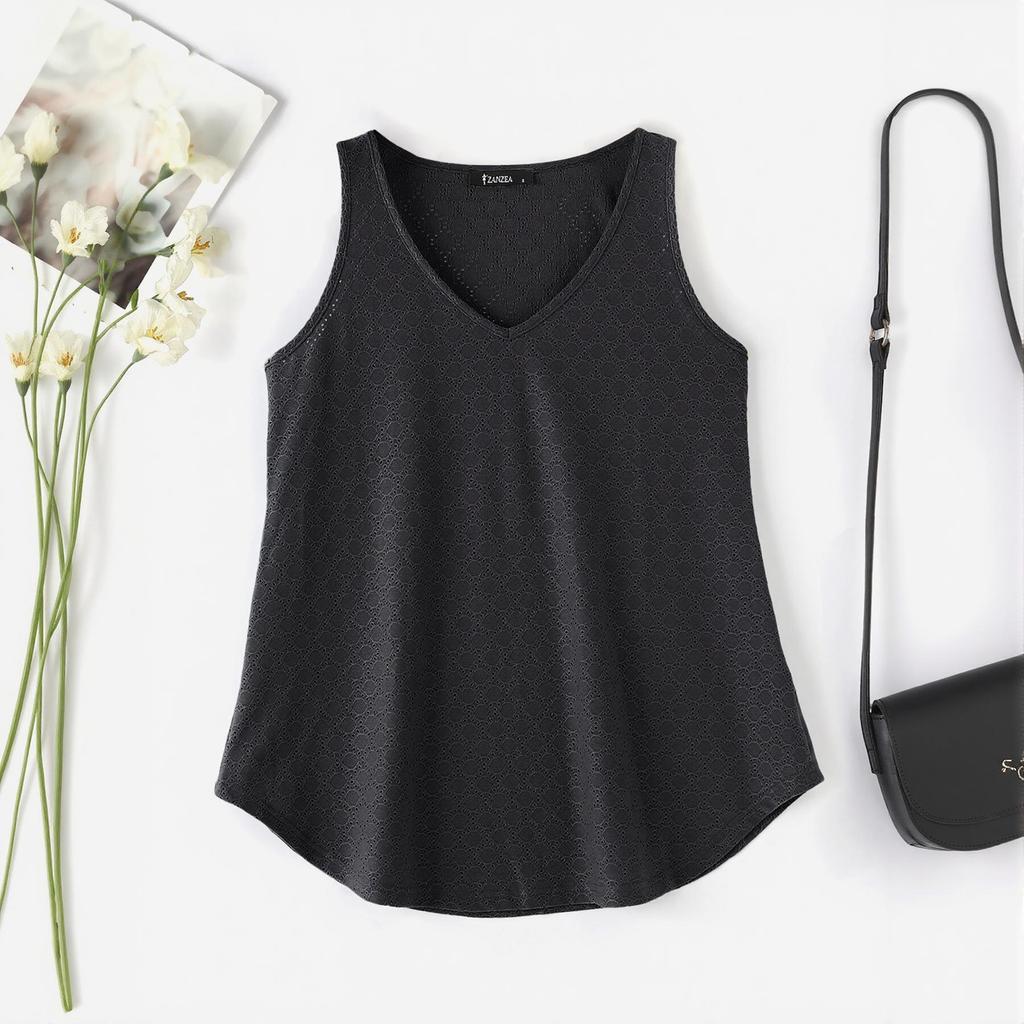 ZANZEA Women Summer V-Neck Sleeveless Solid Hollow Crochet Tank Tops
