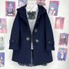 Navy Blue Hooded Woolen Coat: Women's Autumn/Winter College Style with Thick Cotton Padding and Toggle Closure.