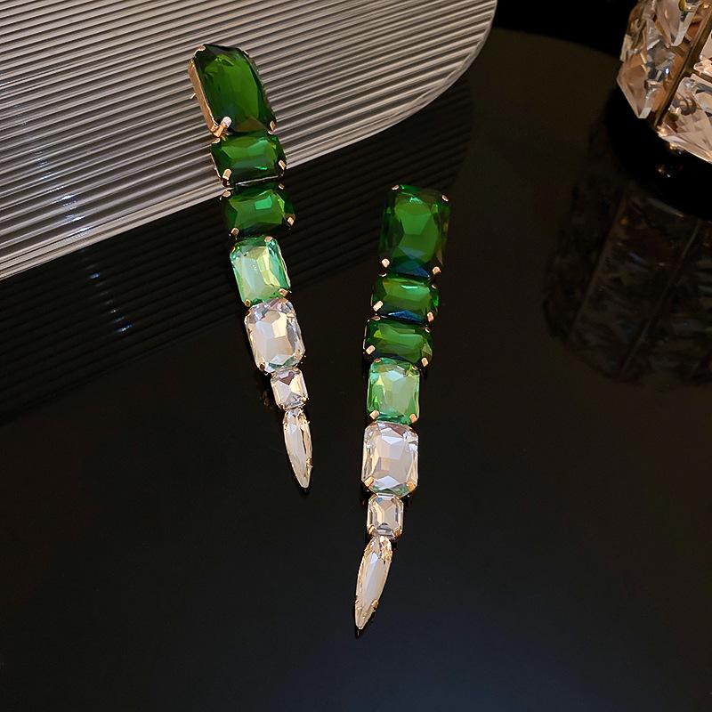 Long Tassels Square Green Crystal Drop Earrings Hyperbole Oversize Dangle Earrings For Women Banquet Jewelry Gifts