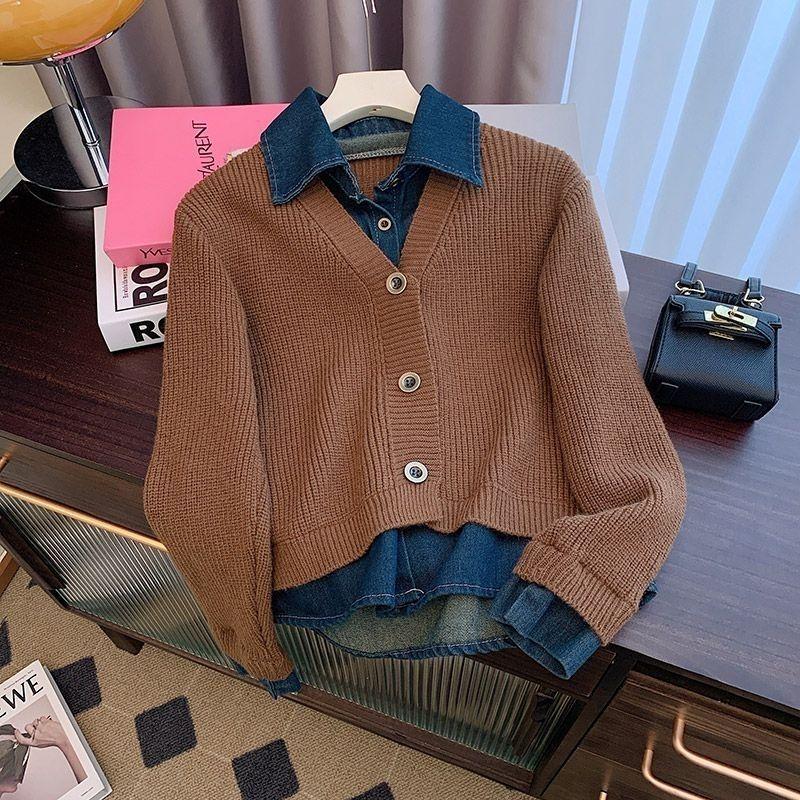 Podzim Zima Retro Pletený kardigan svetr Falešný dvoudílný Dámská móda Prošívaný džínový krátký kabát Dámské ležérní topy