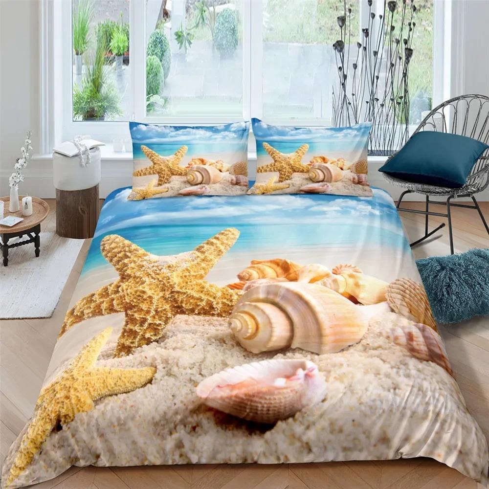 Starfish Duvet Cover Set KingQueen Size,Hawaii Tropical Landscape Duvet Cover,Beach Conch Print Comforter Cover For Kids Teens