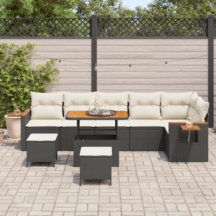 Ensemble de canapé de jardin 9 pièces avec coussins noirs en poly rotin, Ensemble de salle à manger de jardin 3 pièces 3363195