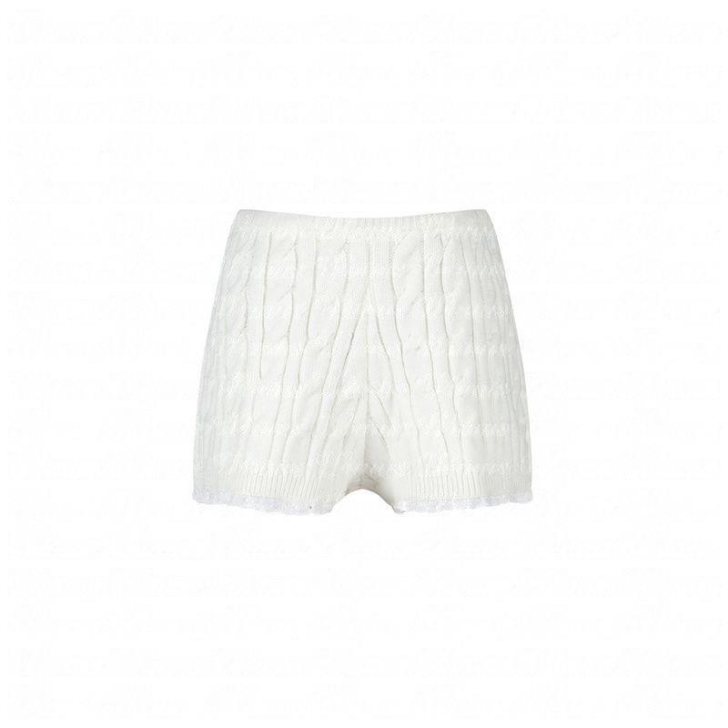 Women s High Waist Dark Blue Cable Knit Shorts with Lace Trim S (suggested 80-98 jin)