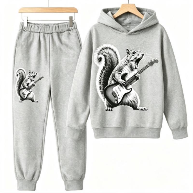 Fashion Rock Squirrel Guitar Player Animal Squirrel Print Kids Pullovers Pants 2-piece Set Street Casual Fashion Hoodies Vintage Boy's Girl Clothes