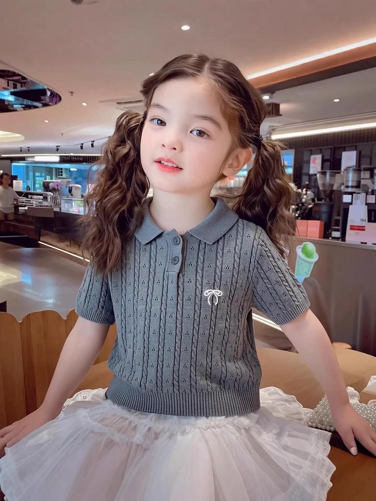 Girls' Academy Style Korean Short-Sleeve Knit Top