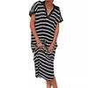 Summer Dress Women's V-neck Striped Low-slit Lapel Long Sweater