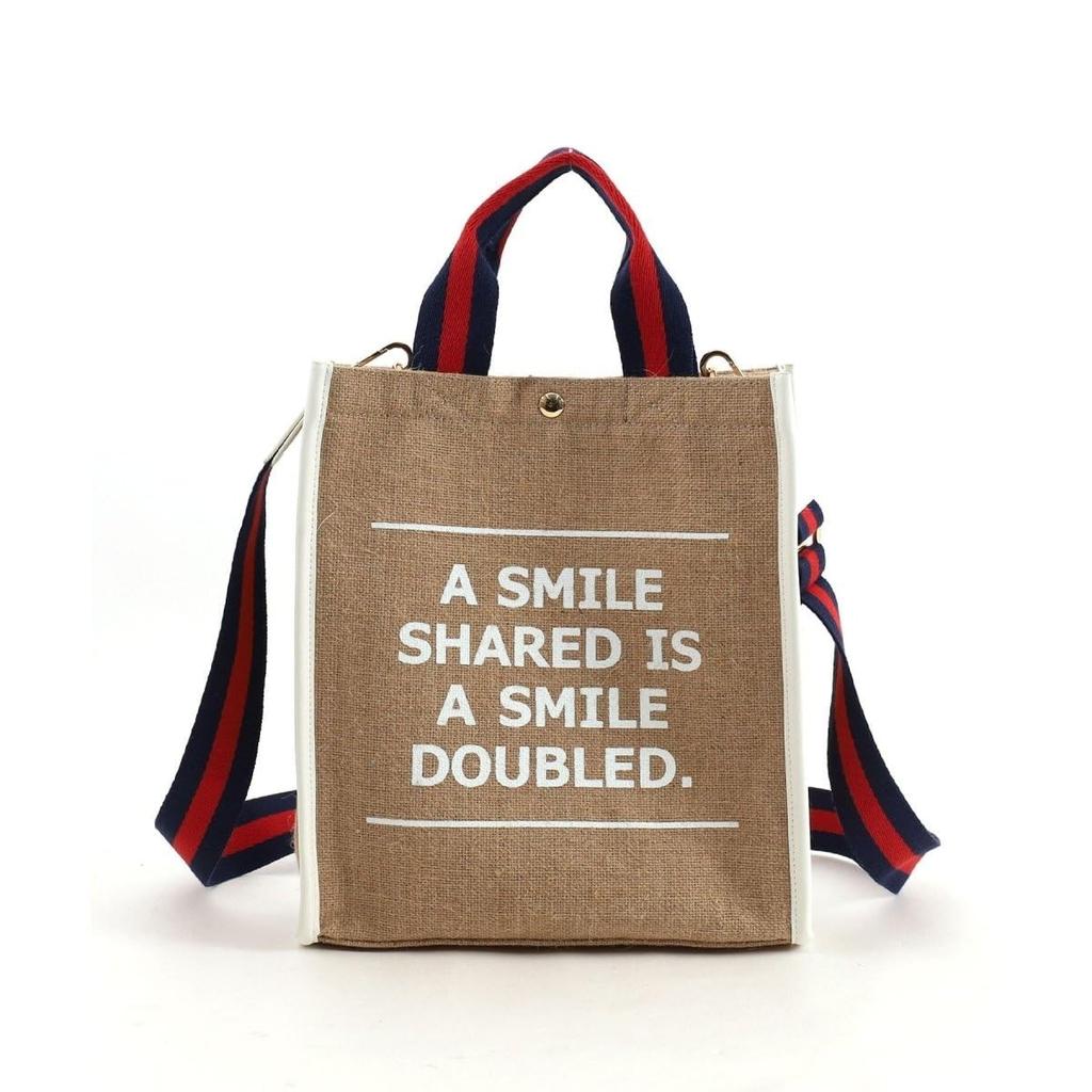 Cuco SMILEY Tape Handle Linen 2-Way Tote Bag, 2513111701, White (001)
