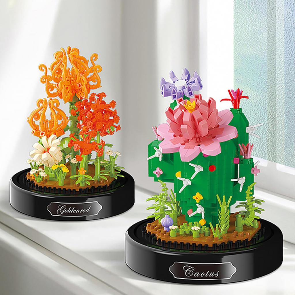 POSO Building Block Flower Building Toy, Flower Bouquet with Clear Glass Cover, Micro Block Flower Basket, Potted Plant, Bonsai DIY, Romantic DIY,