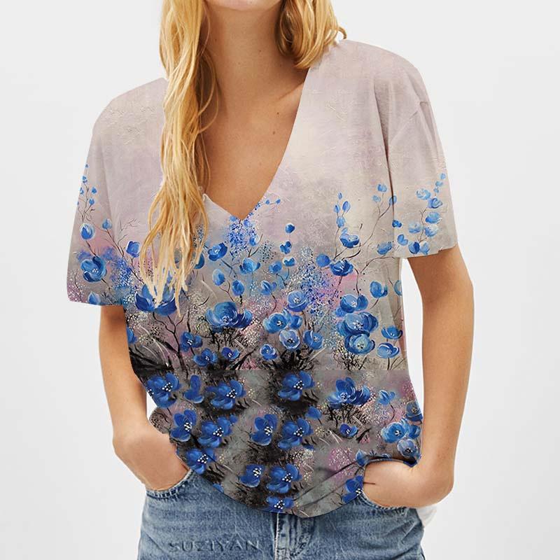 Fashion Spring  Butterfly Print Blouses Short Sleeved V-Neck T Shirts Casual