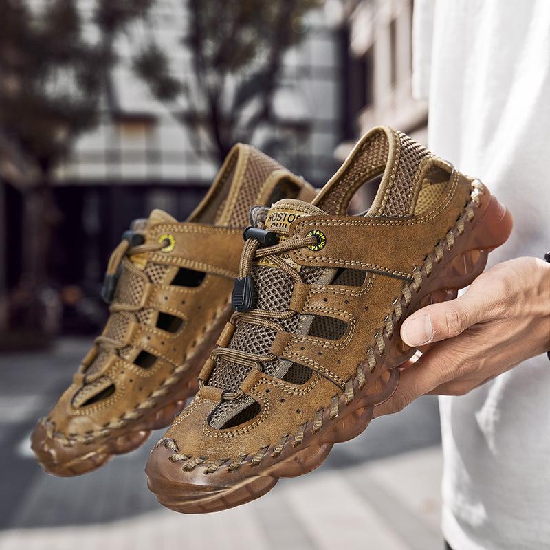 Hand-stitched Men's Shoes Outdoor Casual Shoes Buckle Versatile Leather Shoes Summer Low-top Large-size Cross-breathable Mesh Shoes Men