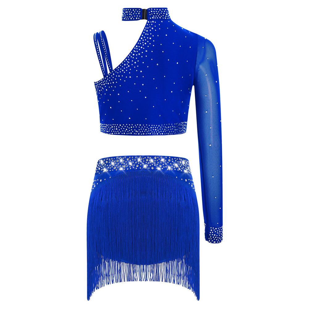 Top Cropped de Ombro Assimétrico para Meninas com Franjas de Strass Brilhantes Conjunto para Performance de Dança