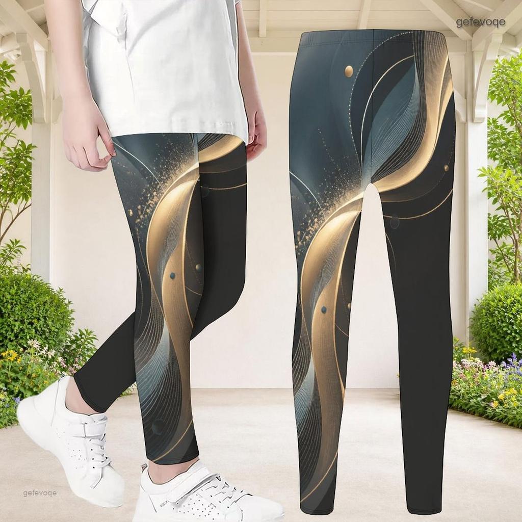 Girls Printed Full Length Fitted Yoga Leggings Black Red White Stretch Waist Pants