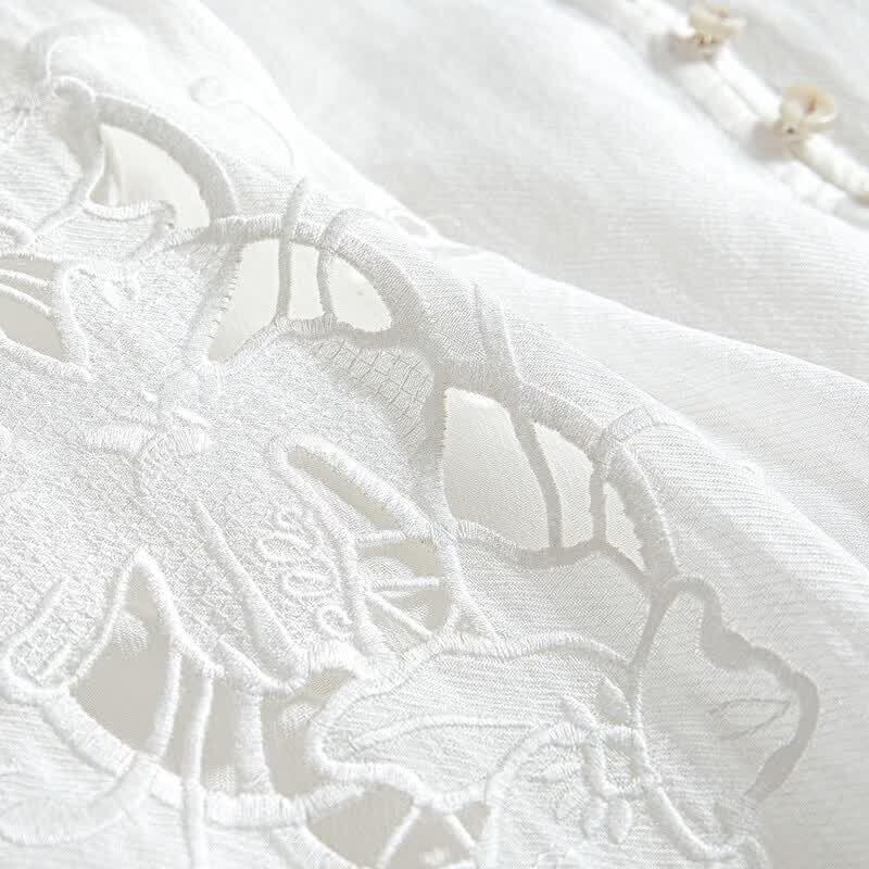 Women's V-Neck Embroidered Ramie Loose-Fit Blouse with Hollow-Out Design