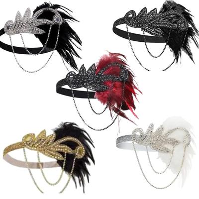 New Headband Red Black Feather Pearl Headband Retro Party Props Dress Accessories Fashion Women Girls Hair Costume Accessories