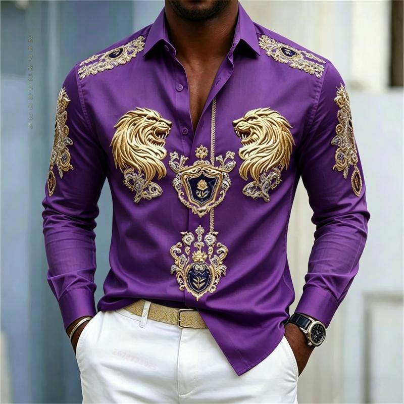 Camicia da uomo stile Barocco testa di leone design slim fit manica lunga camicia Business casual stile street abbigliamento uomo XS-6XL