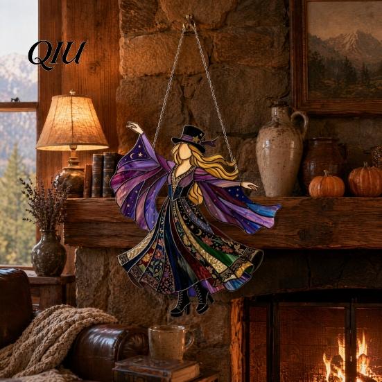 High Definition Printed Acrylic Vintage Halloween Cat Witch Decoration, Window Hanging Ornaments, Colorful Decoration Rustic Farmhouse Tree