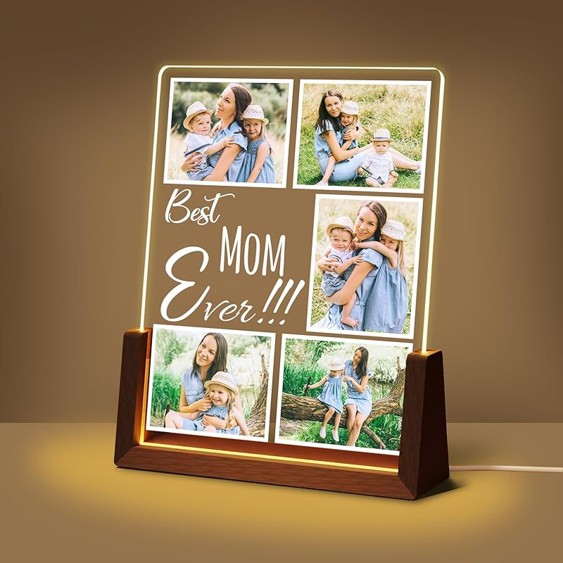 Personalized Mothers Day Unique Gifts for Mom Wife, Mom Gifts from Daughter Son Husband, Custom Acrylic Night Light Picture Frame with Photo Name,