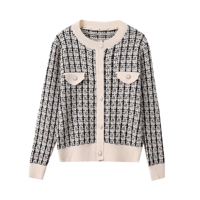 Women's Autumn Winter Short Coat Thousand Bird Grid Sweater for Outerwear Round Neck Long Sleeve Cardigan