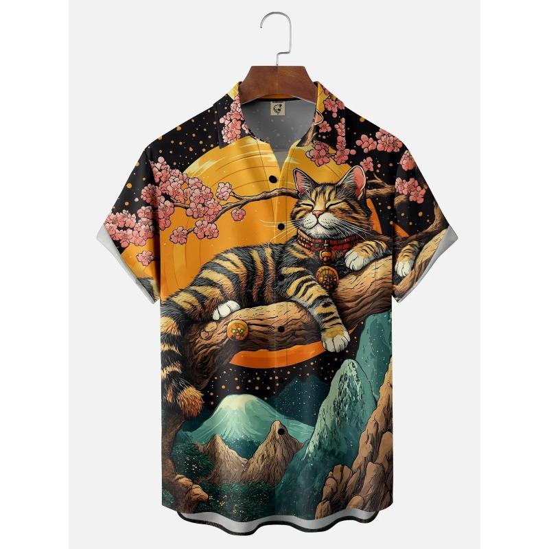 Retro Short Sleeve 3d Print Shirt Summer Casual Fun Hawaiian Ukiyoe Kitten Fishing Shark Print Lapel Short Sleeve Shirt