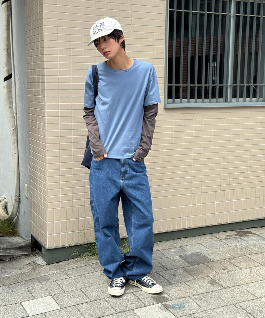 SIGNATURE Border Sleeve Layered Long Sleeve T-Shirt [Blue]