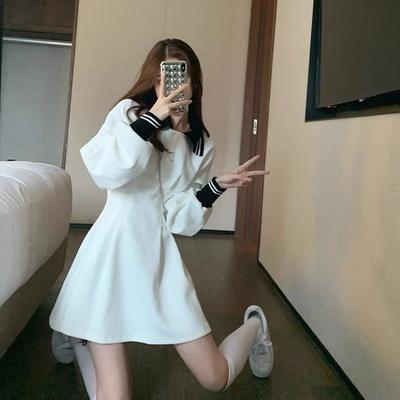 Long-sleeved Dress Women's Clothing Spring and Autumn Waist Age-reducing A-word Skirt A-word Skirt Temperament Short Skirt