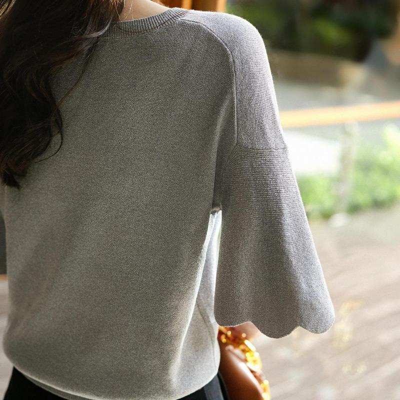 Women's Summer Knitted Shirt Petal Sleeve V-neck Solid Tops Loose Short Sleeve Ice Silk Sweater Fashion Women Shirt
