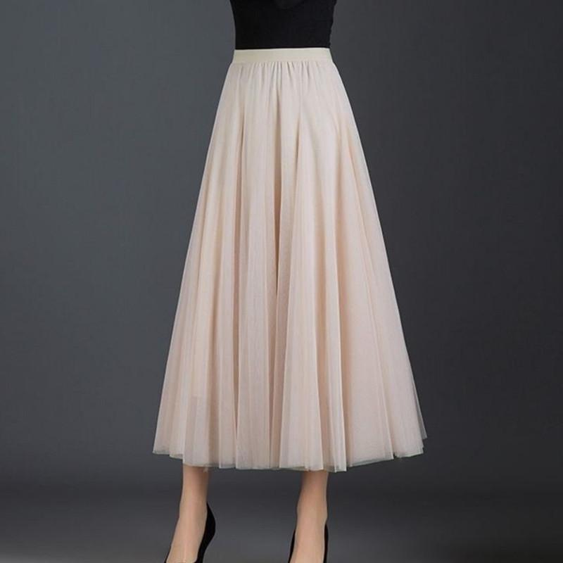 Spring Autumn Summer Holiday Beach Women Long Midi Skirt Ladies Elastic High Waist Tulle Mesh Pleated Tutu Skirt