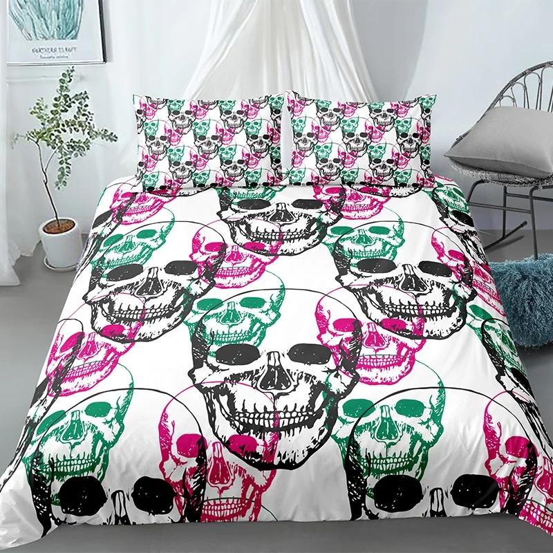 Skull Duvet Cover King Halloween Comforter CoverGothic Fog Smoke Skull Skeleton Bedding SetGrey Quilt Cover Room Decor 2/3pcs