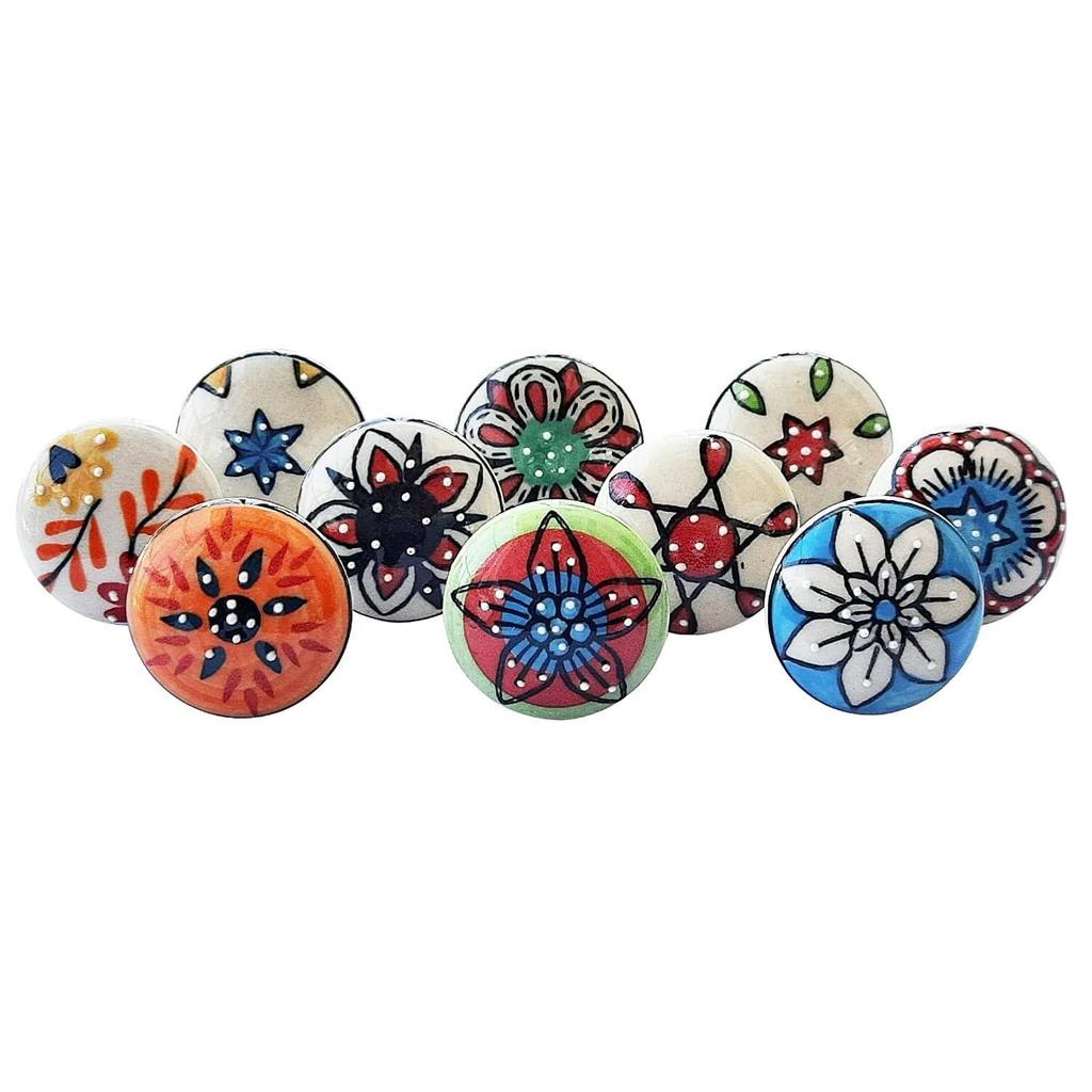 Vintage Hand Painted Ceramic Pull Knobs for Kitchen Cabinet, Door & Drawer, Wardrobe, Cupboard (Set of 10)