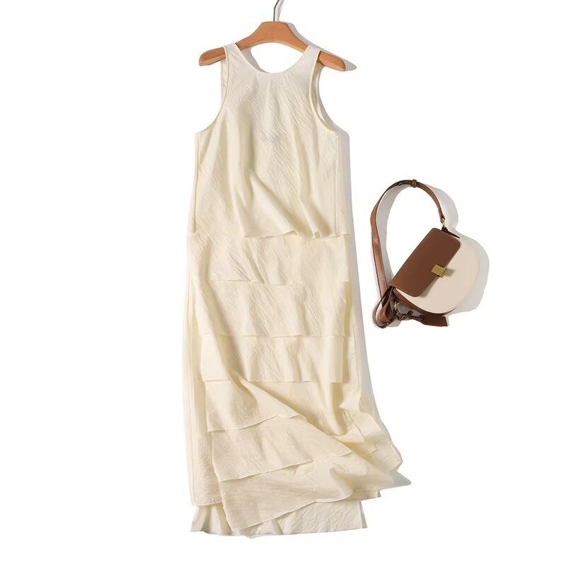 

MD Women clothes Fashion Holiday Style Cake Long dress Temperament Gentle Drape Vest Dress Female 06681530712 Light beige S