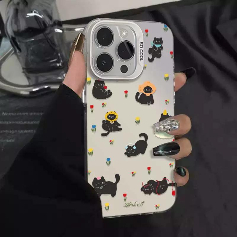 Cute Black Cat Cartoon Phone Case, Kawaii Floral Kitty Protective Cover, Aesthetic Shockproof Cell Phone Case for iPhone
