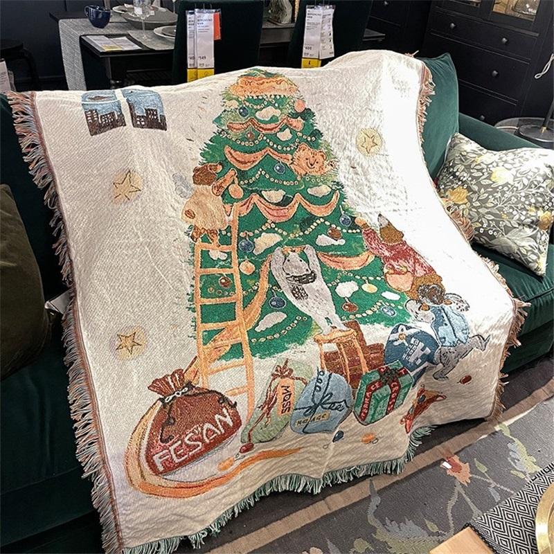 Retro Cartoon Sofa Blanket Cotton Throw Warm Christmas Living Room Couch Towel Soft Cozy Sofa Cover Decorative Blanket