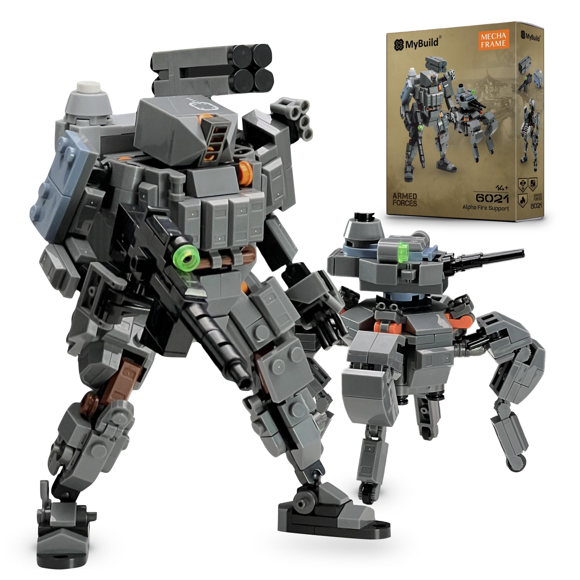 

MyBuild Armed Forces Alpha Fire Support 6021 - Heavy Support Tactical Mech | Missile Pod & Combat Drone | Assembly Kit | Ages 14+