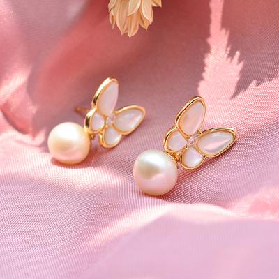 2024 New Style Sweet Butterfly 100% Natural Freshwater Pearl 14K Gold Filled Ladies Tassels Stud Earrings  For Women Gift