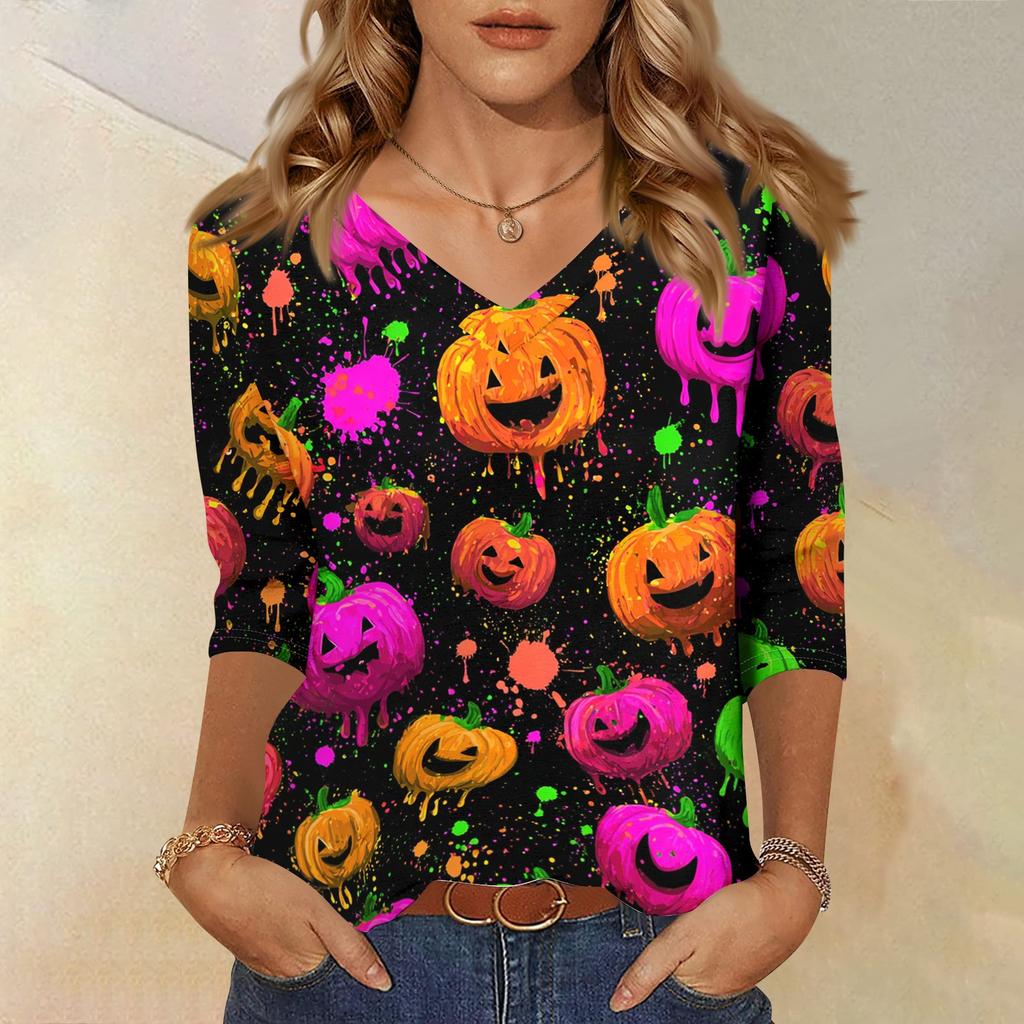 Womens Casual V Neck Three Quarter Sleeve Top Halloween Print Loose Fit Pullover Shirt Lightweight Soft Fabric