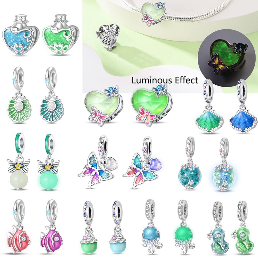 Original 925 Sterling Copper Glow-in-the-dark Green Zircon Heart Butterfly & Spinning Ball Dangle Charm Fits Original Bracelet